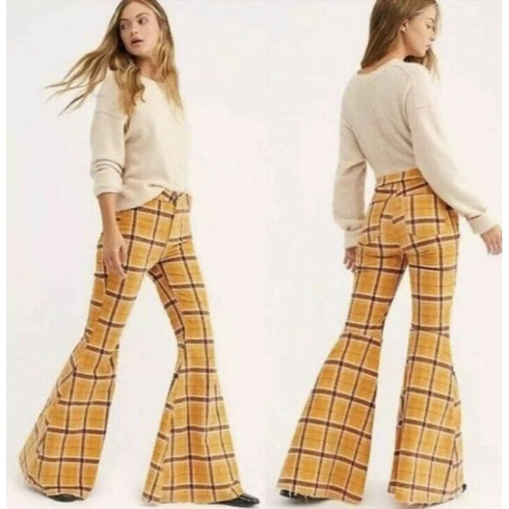 Free People Mustard Yellow Plaid Flare Pants